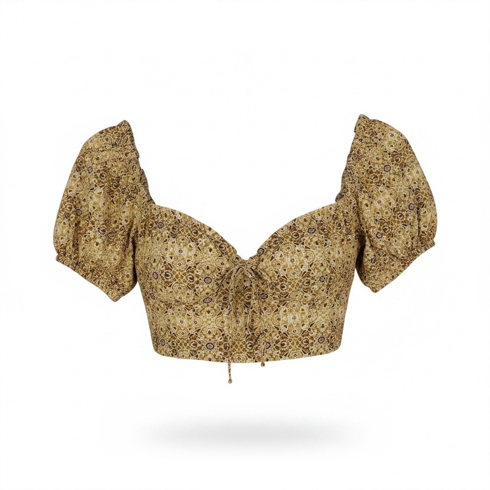 Native Daughters Crop Top S Gold Paisley‎ Puff Sleeve Boho Cottagecore Romantic